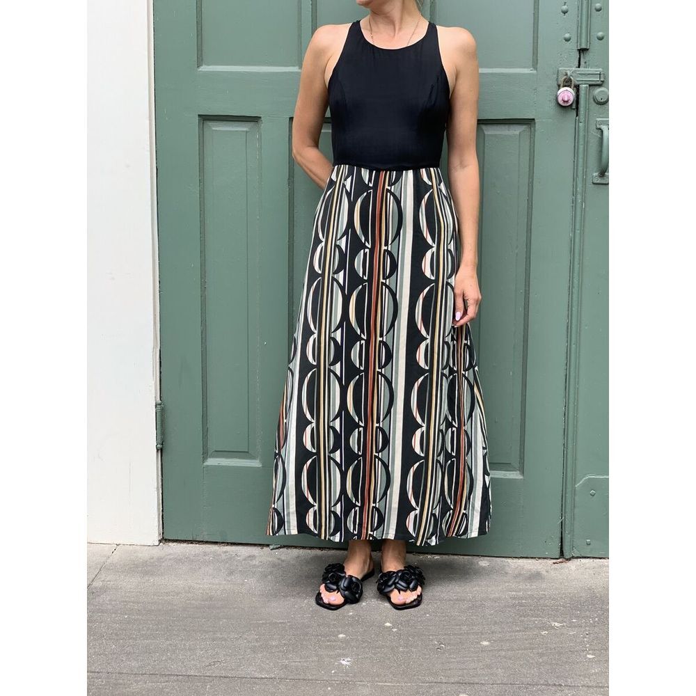 Harlyn Silk Maxi Dress 4P Black Geometric Print Racerback‎ Boho Wedding Guest L2